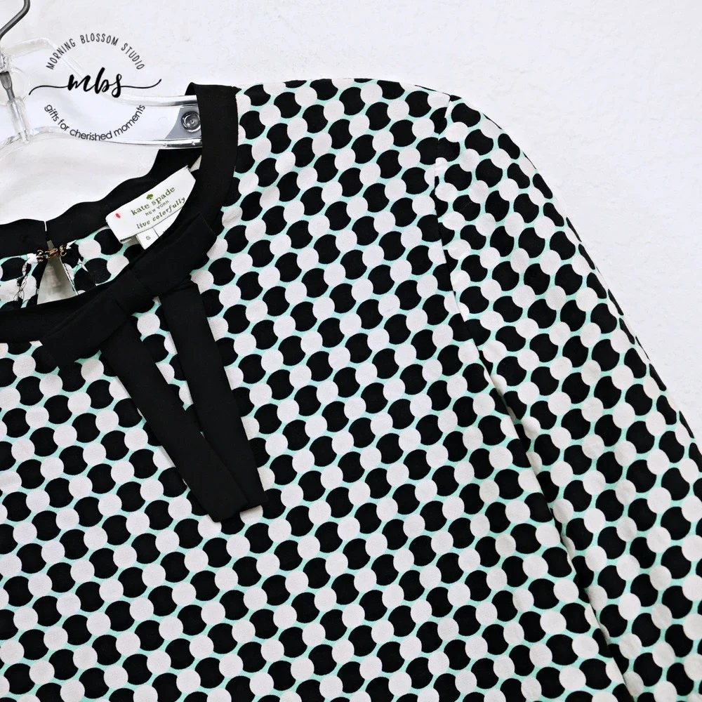 Kate Spade Geometric Dot‎ Bow Neck Silk Blend Blouse Black White Green Women S